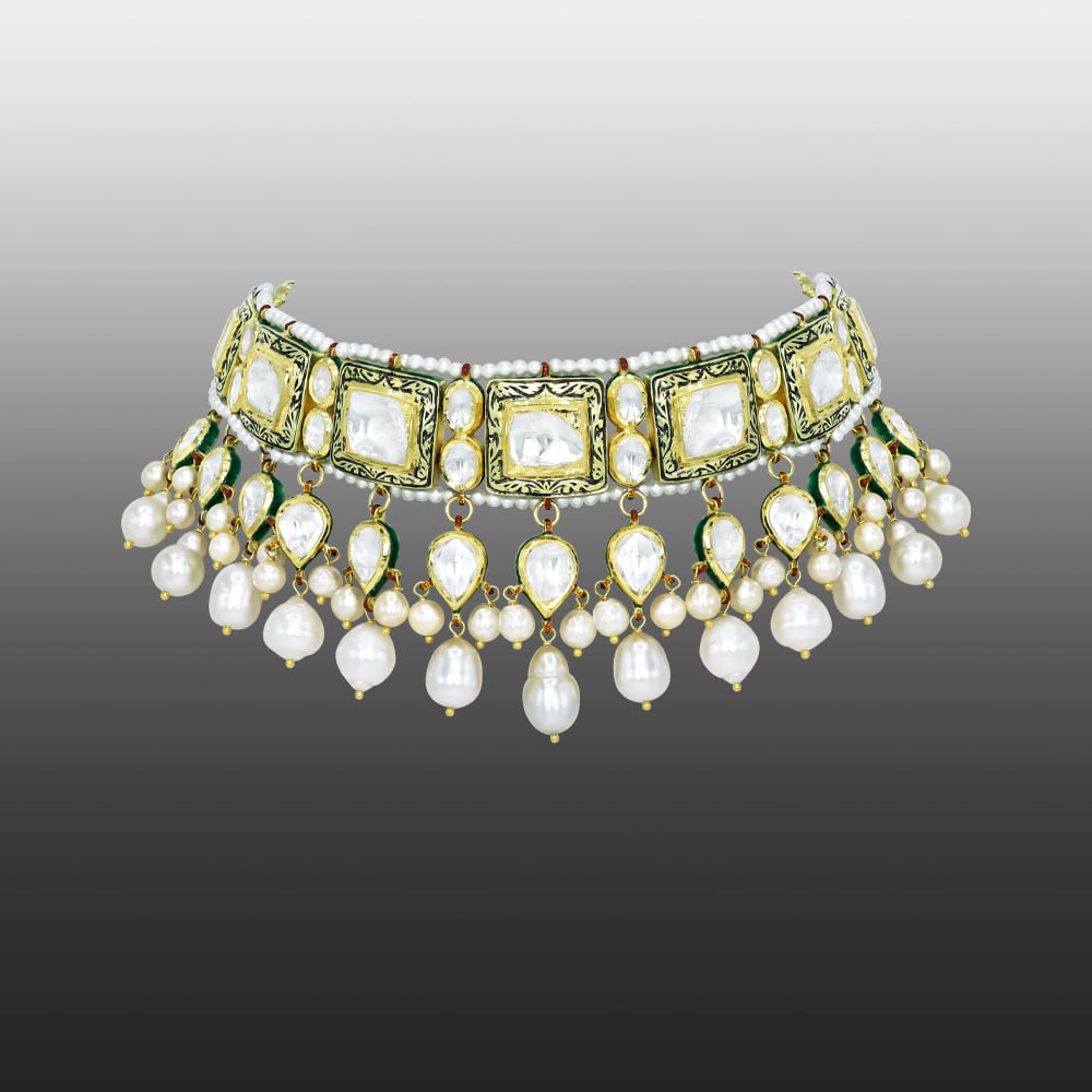 Rectangular Polki Choker with Pearl Fringe and Partash Detailing
